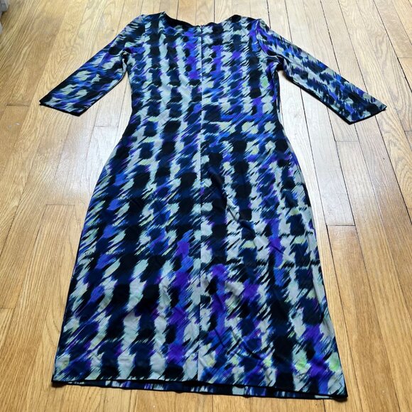 Boss Hugo Boss Size L Blue Black Abstract Print 3/4 Sleeve Ruched Sheath Dress - Picture 12 of 15